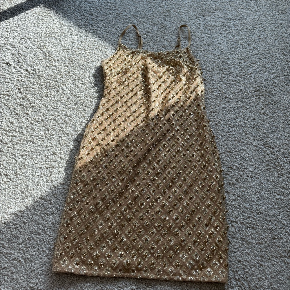 Fashion Nova Gold Sheath Mini Dress Spaghetti Strap